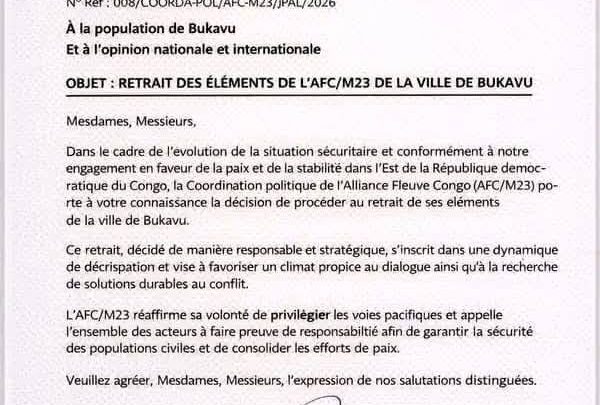 RDC : L’AFC-M23 annonce son retrait de Bukavu, Fogeka appelle à la vigilance