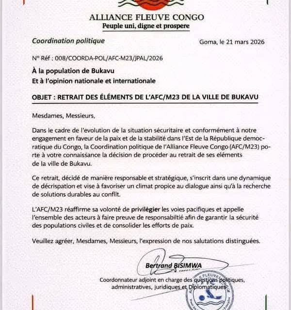 RDC : L’AFC-M23 annonce son retrait de Bukavu, Fogeka appelle à la vigilance